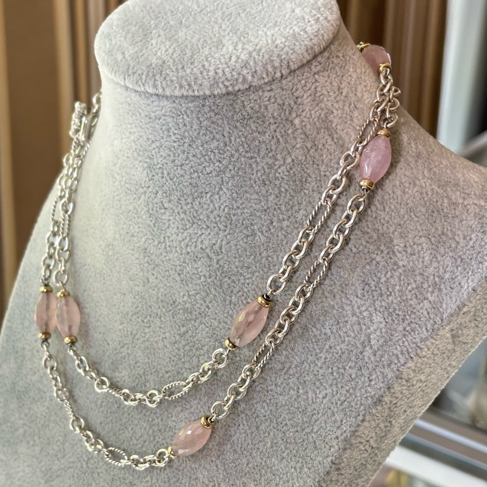 David Yurman 925 & 18k Gold Bijoux Station Necklace with Rose Quartz 34" - Picture 7 of 9